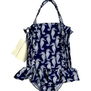 Rachel Riley 3 Years Little Girls Blue Seahorse Ruched 1 Piece Swimsuit NWT